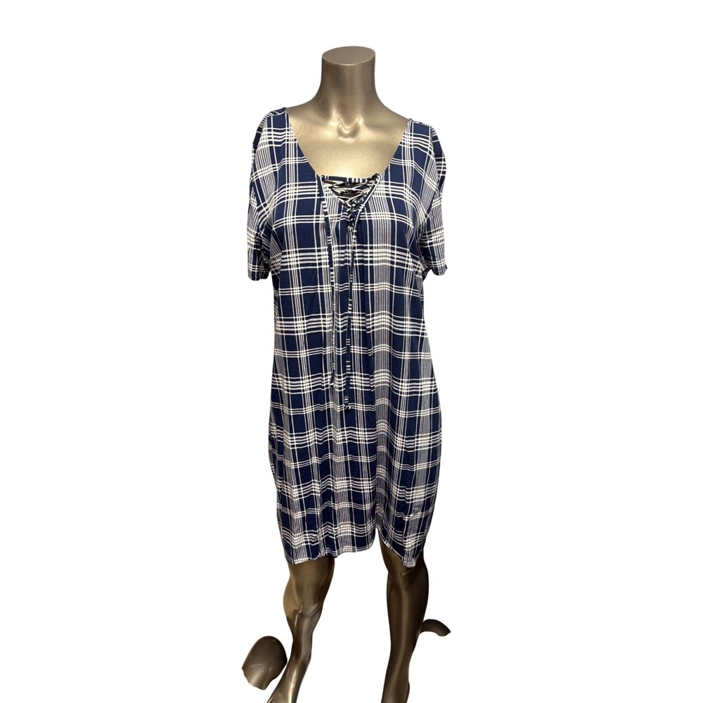 Torrid Navy White Plaid Lace Up Front Short Sleeve Shift Dress Plus Size 2